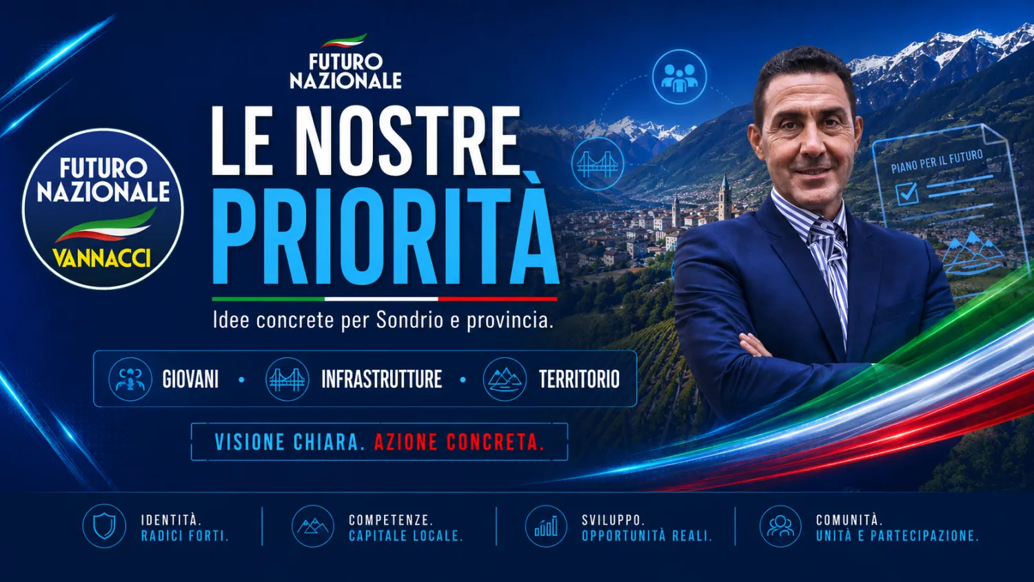 Visual Le nostre priorità con Roberto Vannacci e panorama della provincia di Sondrio