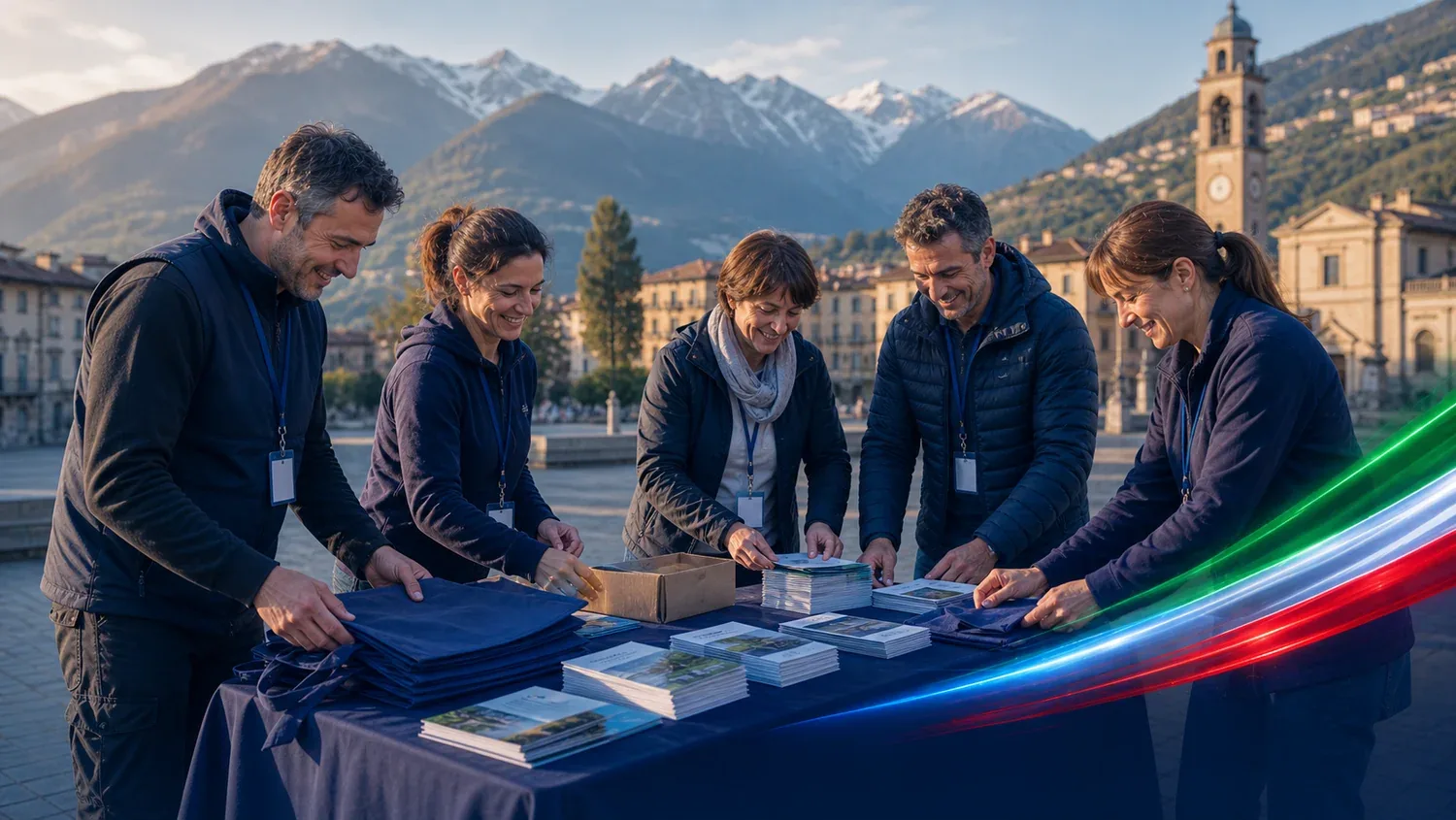 Volontari che preparano insieme materiali informativi in una piazza della Valtellina
